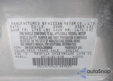 2013 Nissan Versa 1.6 Sv z USA, uszkodzony, nr VIN 3N1CN7AP6DL889059